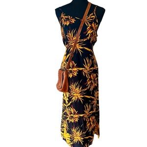 Vintage Black Tropical Floral Print Maxi Dress with Spaghetti Straps - Size L